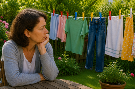 Lehrerin sitzt nachdenklich vor der Wäscheleine