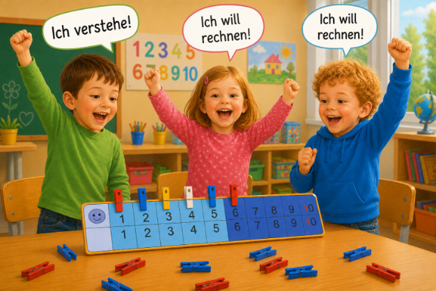 Die drei Kinder jubeln im Klassenzimmer über den Zauberzahlenstreifen