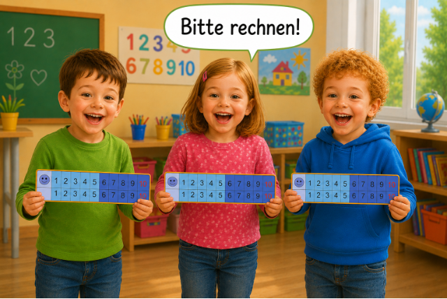 Die drei Kinder halten Zauberzahlenstreifen und rufen: Bitte rechnen!